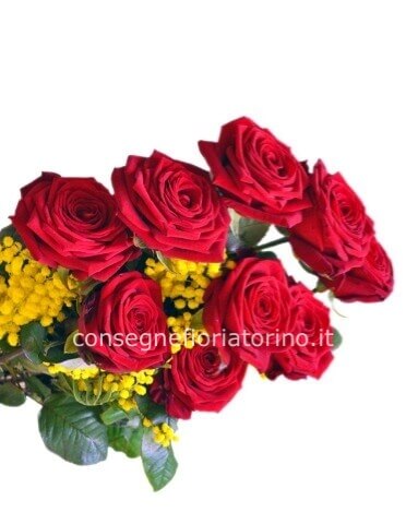 Mazzo di rose rosse a gambo lungo, con mimosa (minimo 3 rose)